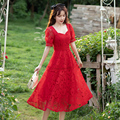 2024夏季新款蕾丝连衣裙韩版修身显瘦红色礼服超仙森系法式中长裙