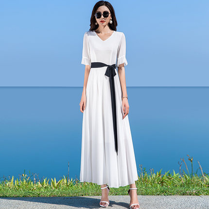 白色长款雪纺连衣裙2024沙滩裙气质大摆优雅飘逸长裙显高遮肉时尚