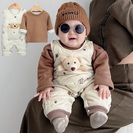 婴儿夹棉连体衣宝宝薄棉背带裤加绒保暖套装新生儿童外出服春秋冬