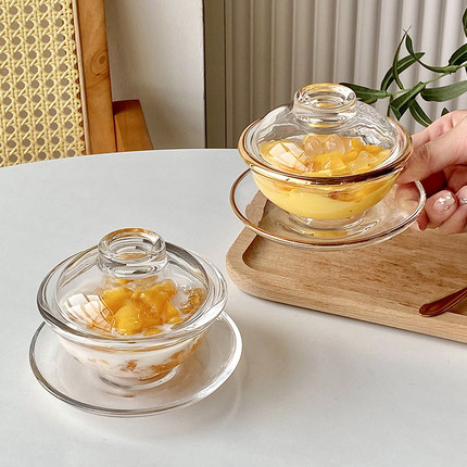 燕窝盅带盖玻璃碗点心甜品碗套装碗透明家用中式碗碟套装金边耐热