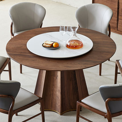 北美黑胡桃木餐桌北欧简约实木岩板圆桌高端别墅餐厅家用转盘桌子