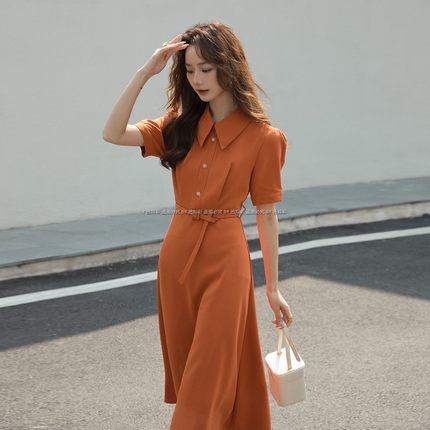 温柔法式小个子赫本风连衣裙夏季橘色收腰减龄翻领大码衬衫裙子
