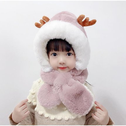 秋冬季男童女童儿童帽子围巾手套一体小孩加绒保暖可爱宝宝鹿角帽