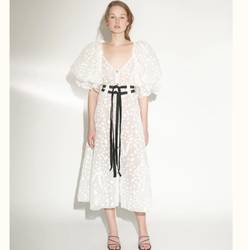 欧美名媛2020新款泡泡短袖双腰带收腰波点提花白色连衣裙中长款