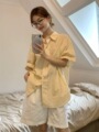 日系黄色Polo领竖条纹衬衫女夏季短袖衬衣外套薄款中长款外搭上衣