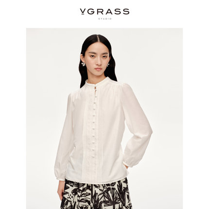 VGRASS甜美白色气质长袖衬衫女24年春季新款休闲花边织带上衣