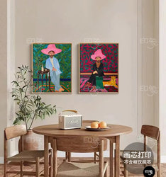 美国小众粉红帽子西部人物高级感文艺装饰画复古创意油画客厅挂画