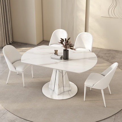 白色岩板餐桌可变圆桌现代简约家用小户型方圆两用旋转伸缩折叠桌