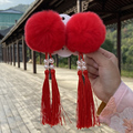 过年女童红色毛球发夹中国风头饰儿童对夹汉服古风发饰拜年头花女