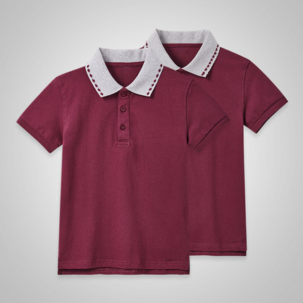 中小学生枣红色T恤纯棉校服夏季男童儿童POLO衫短袖酒红薄款女童