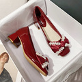 红色瓢鞋高跟高跟鞋女春季新款方头粗跟单鞋红色小皮鞋中跟瓢鞋四
