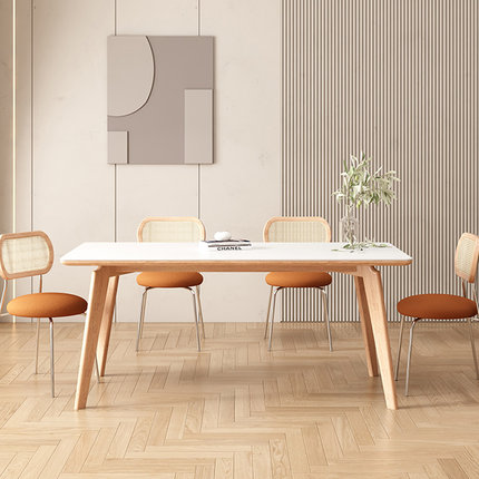 侘寂风小户型实木纯白色岩板餐桌椅组合北欧原木日式餐厅饭桌家用