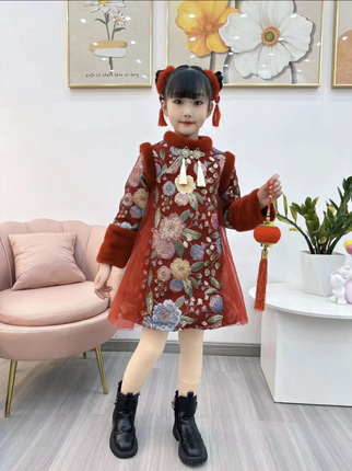 女童公主裙中国风旗袍冬装2024新款女孩加绒汉服连衣裙儿童拜年服