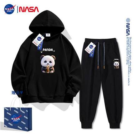 NASA联名熊猫连帽卫衣卫裤套装女秋冬季2023新款潮牌小个子两件套
