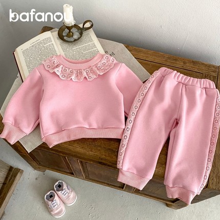 巴梵欧女宝宝秋冬季套装婴儿加绒卫衣两件套粉色蕾丝花边洋气时髦