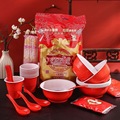 一次性结婚用餐具套装组合红碗加厚酒席桌布筷子杯子喜碗双色