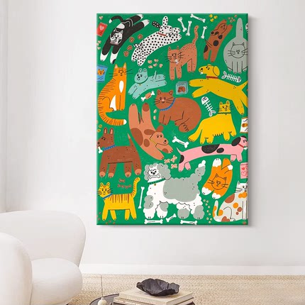 绿色系萌宠儿童客厅装饰画卡通猫狗手绘油画小众抽象艺术玄关挂画