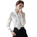 XN6939韩国亮丝长袖上衣OL韩版2024蝴蝶结衬衫女设计感小众白衬衣