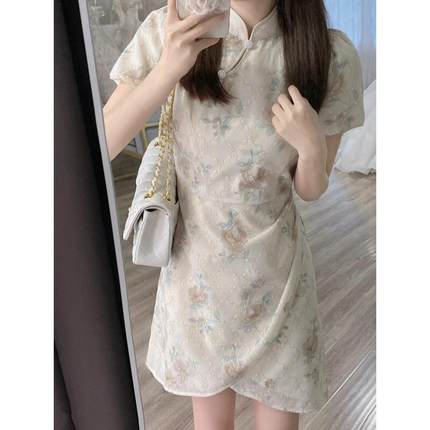 日本夏季新款法式国风复古新中式改良旗袍长短款连衣裙女气质短袖