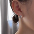 S999纯银针方形锆石耳钉2023年新款潮轻奢小众耳环无耳洞耳夹耳饰