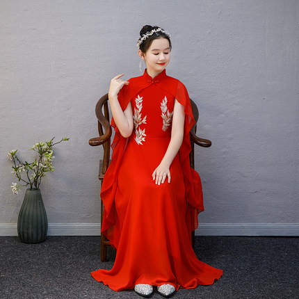 高端弹古筝演出服女中国风主持人民乐演奏艺考礼服红色大合唱礼服