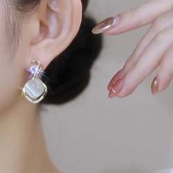 几何菱形猫眼石S925银针耳钉独特设计感韩国网红气质爆款耳环耳饰