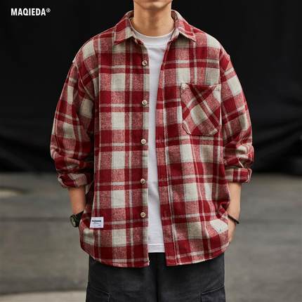 马切达春季男款日系磨毛复古衬衫红色格子衬衣男士长袖设计感外套