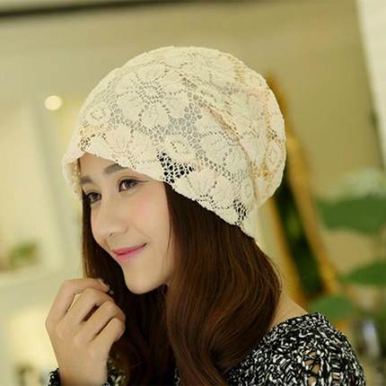 韩版潮蕾丝款头巾帽子女士月子帽薄款中年包头帽堆堆帽春夏季睡帽