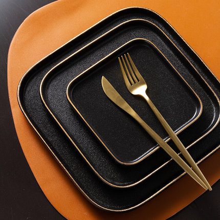 黑色磨砂带金边陶瓷正方形盘子家用牛排餐盘西餐盘点心盘碟子餐具