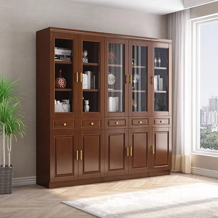 中式实木书柜落地带玻璃柜家用书房储物柜46门书橱书架一体置物柜