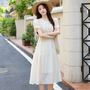 温柔风夏季假两件连衣裙适合海边拍照的裙子女设计感白色泡泡袖裙