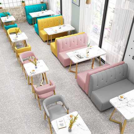 现代简约奶茶店西餐厅餐饮店卡座沙发桌椅主题餐厅甜品店靠墙组合
