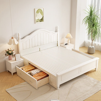新实木床美式床15米约双人床白色135床架家用卧室主卧促