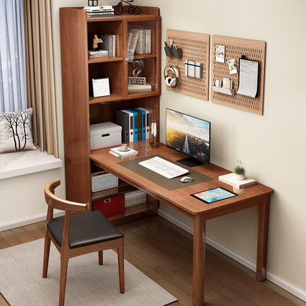 实木转角书桌书架组合带书柜一体约卧室学习桌家用电脑桌椅