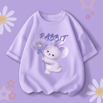 2024新款紫色女童童装儿童短袖t恤夏季大童薄款洋气时髦纯棉上衣