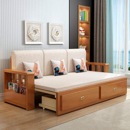 实木沙发床多功能可储物伸缩坐卧抽拉全实木折叠沙发床两用小户型