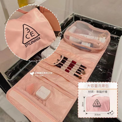 3ce心房化妆包粉色洗漱包大容量手提便携式收纳包手拿方形补妆包