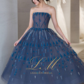 新品抹胸宝蓝色可爱甜美几何图案钉珠蓬蓬礼服北京婚纱实体定制