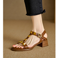 Kmeizu法式优雅~4.5cm粗跟凉鞋女夏铆钉一字扣带露趾玛丽珍罗马鞋