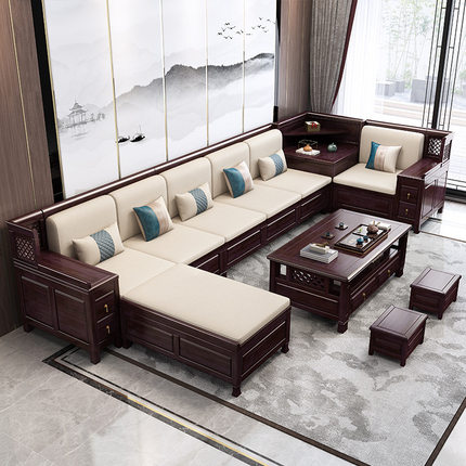 新中式香樟木实木沙发组合客厅仿古雕花转角贵妃多功能储物沙发