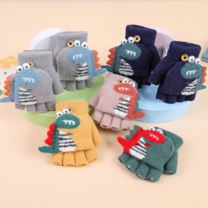儿童冬季手套保暖可爱卡通鳄鱼露指翻盖半指毛线针织男女童手套