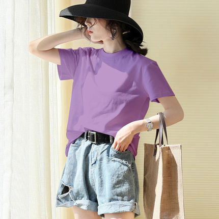 紫色半高领宽松短袖t恤女2023夏季新款休闲百搭打底衫半袖上衣ins