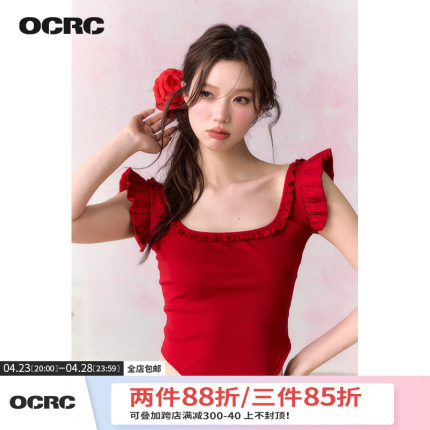 OCRC Official红色辣妹小飞袖吊带上衣女夏季正反两穿修身短款T恤