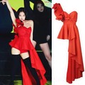 金智妮Jennie同款红色露肩连衣裙演出服舞台年会主持歌手打歌舞服