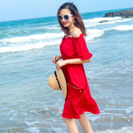 红色一字肩雪纺连衣裙巴厘岛沙滩裙女海南三亚海边度假性感超仙
