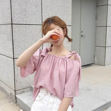 夏装新款韩版宽松显瘦露肩吊带一字领上衣百搭条纹短袖衬衫女学生