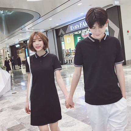 情侣装夏装2022韩版修身上衣短袖t恤POLO衫男女黑纯色显瘦连衣裙