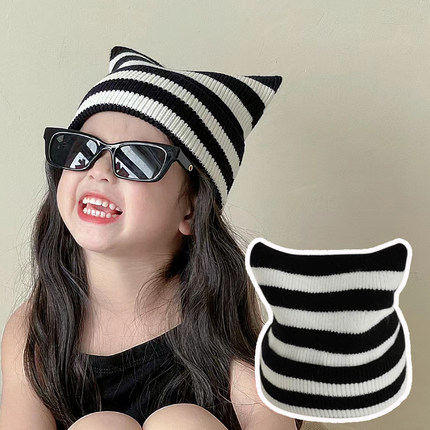 ins韩国儿童帽子冬季毛线帽2023新款男女童洋气猫角凹造型针织帽