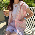 韩国chic夏季新款气质小香风混色粗纺拼接双口袋连帽马甲短外套女