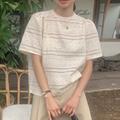 韩系chic夏季复古气质圆领重工镂空钩花设计感小众短袖蕾丝衬衫女